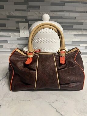 Etro Brown Leather Satchel with Tan Handles and Orange Trim